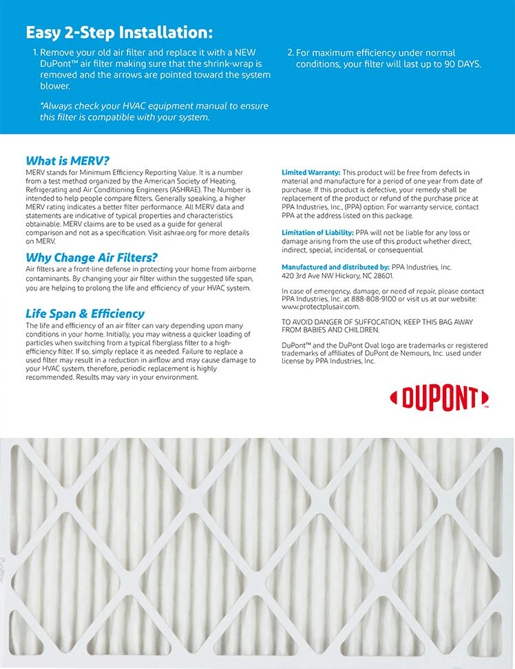 8x24x1 (Actual Size) DuPont™ Dust Air Filter (MERV 8) 2 8x24x1 (Actual Size) DuPont™ Dust Air Filter (MERV 8) - Image 2